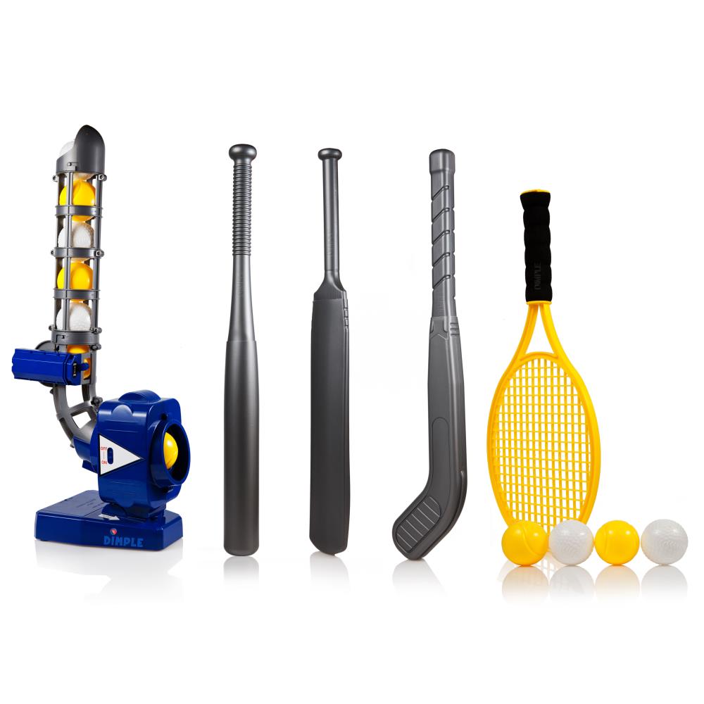 Tennis Racket Cricket Bat & 12 Balls Power Pro Kids 4 In 1 Multi-Function Pitching Machine Plus Baseball Bat Hockey Stick Best Training Sports Toy to Build Your Childs Self Esteem by Dimple Blue